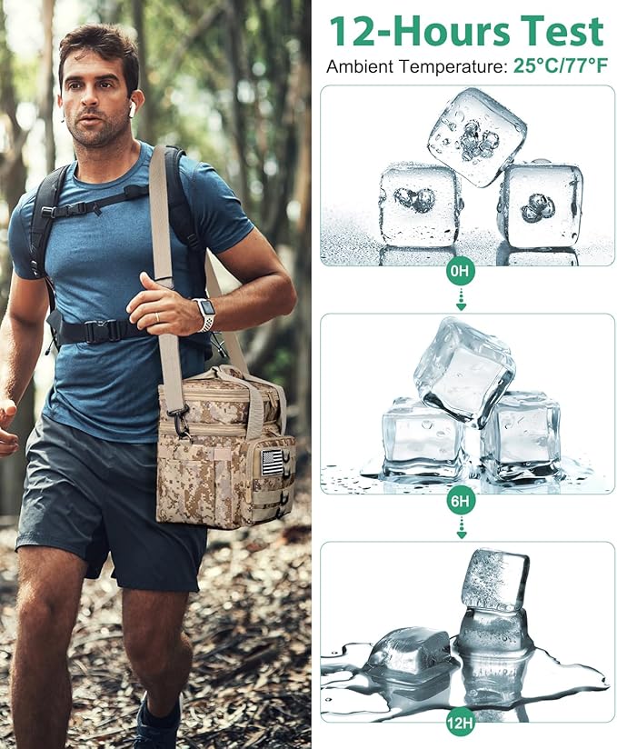 Tactical Lunch Box for Men, Large Insulated Lunch Bag for Adult, Heavy Duty Double Deck Expandable Lunch Cooler Bag with American Flag, Leakproof Soft Lunch Pail for Work Office Camping - Camo khaki