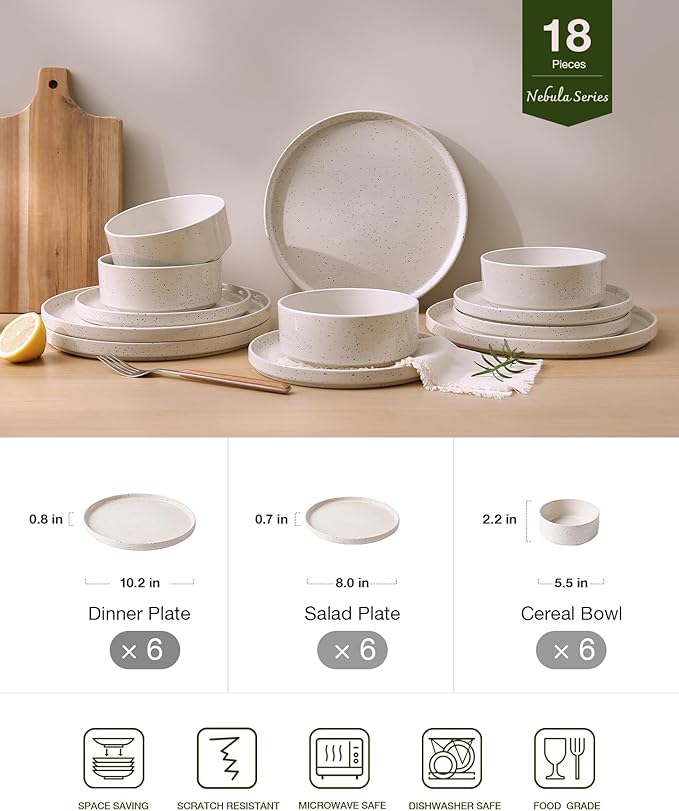 Famiware Nebula Plates and Bowls Sets, 18 Pieces Dinnerware Sets, Dishes Set for 6, Creamy White with Colorful Speckles