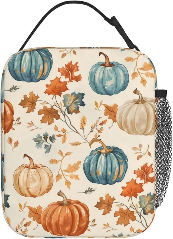 Autumn Pumpkin Lunch Box for Women Girls, Insulated Cooler Fall Leaves and Pumpkins Lunch Bag for School, Picnic, Office, Travel, Work, Portable Reusable Polyester Thermal Tote Lunch Bags