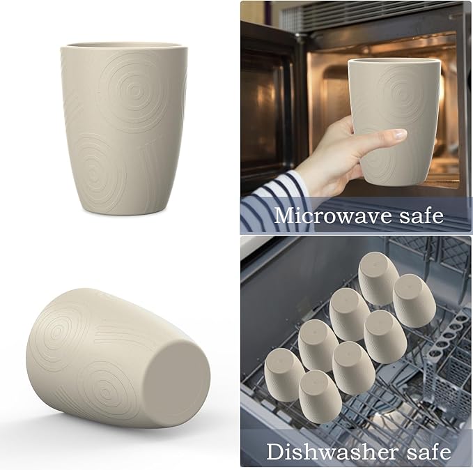 Wheat Straw Cups 8 PCS Good Alternative to Plastic Reusable Cups 12 oz Unbreakable Drinking Cup Reusable Dishwasher Safe Water Plastic Glasses (Beige)