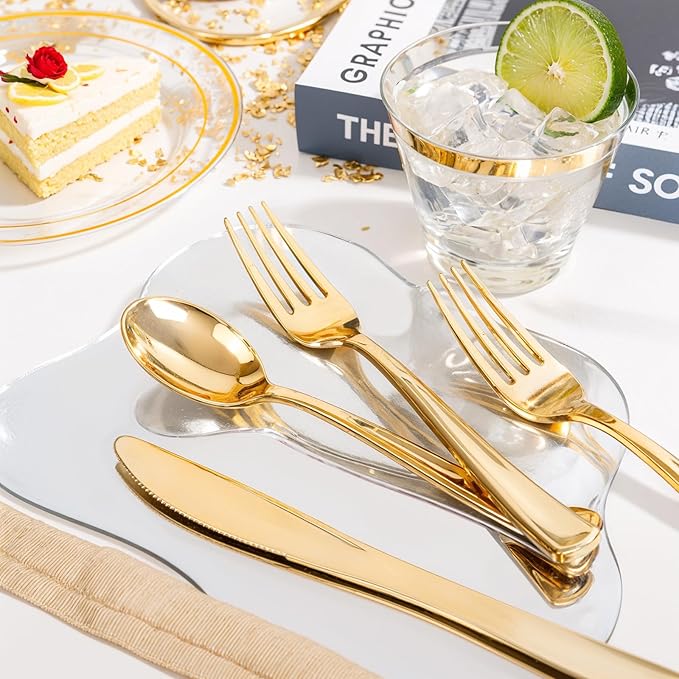 bUCLA 600PCS Clear Plates with Gold Trim - Clear Gold Dinnerware Set Disposable Include 100 Dinner/100 Dessert Plates, 100 Knives, 100 Forks, 100 Spoons, 100 Cups for Wedding, Party & Thanksgiving