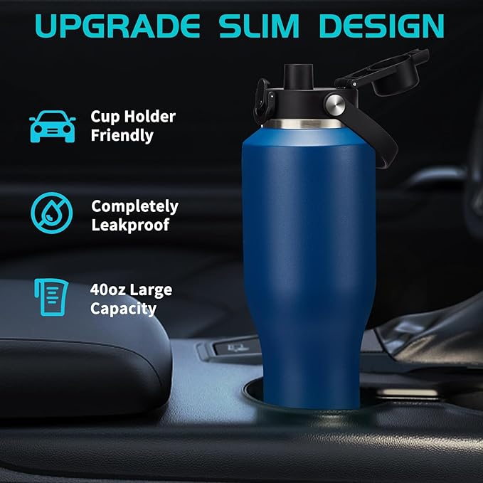 40oz Insulated Water Bottle that fits in Cup Holder - Water Cup with Spout Lid, Straw, Sleeve with Side Handle, Vacuum Stainless Steel Travel Tumbler Keep Cold 48h/Hot 24h