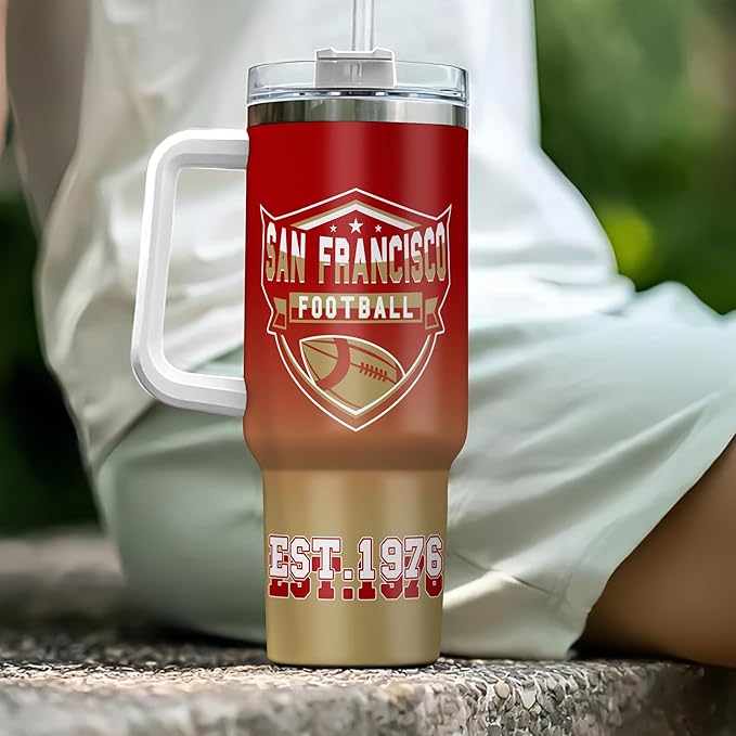 Custom 40oz Football Stainless Steel Tumbler with Handle & Straw, Personalized Insulated Travel Mug, Name & Number Cup, Tailgating Sports Gift (San Francisco Colors)