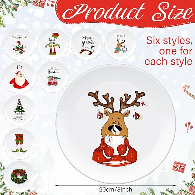 10 Pcs Christmas Reusable Melamine Dinner Plates 8 Inch Christmas Theme Round Plates Xmas Dishes Dinnerware Set for Salad Pasta Xmas Birthday Party Supplies Gifts (Stylish)