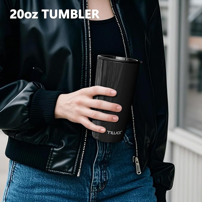 TILUCK 20 oz Tumbler with Leak-Proof Lid, Vacuum Insulated Stainless Steel Coffee Mug, Double-Walled Travel Tumbler for Hot and Cold Drinks(GlitterBlack, 20oz)