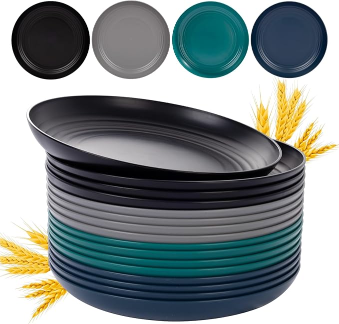Supernal 10" Wheat Straw Dinner Plates,Reusable&Durable Plastic Plates Dishwasher Safe,16-Pack (4 Black, 4 Dark Green, 4 Dark Blue, 4 Dark Gray), Versatile Tableware for Modern Dining and Outdoor Use