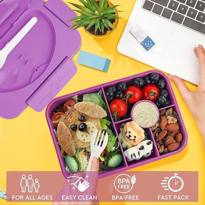 Bento Box Adult Lunch Box,Lunch Containers for Adults Kids,5-Compartment Bento Box for Kids Snack Boxes with Cutlery (Purple)