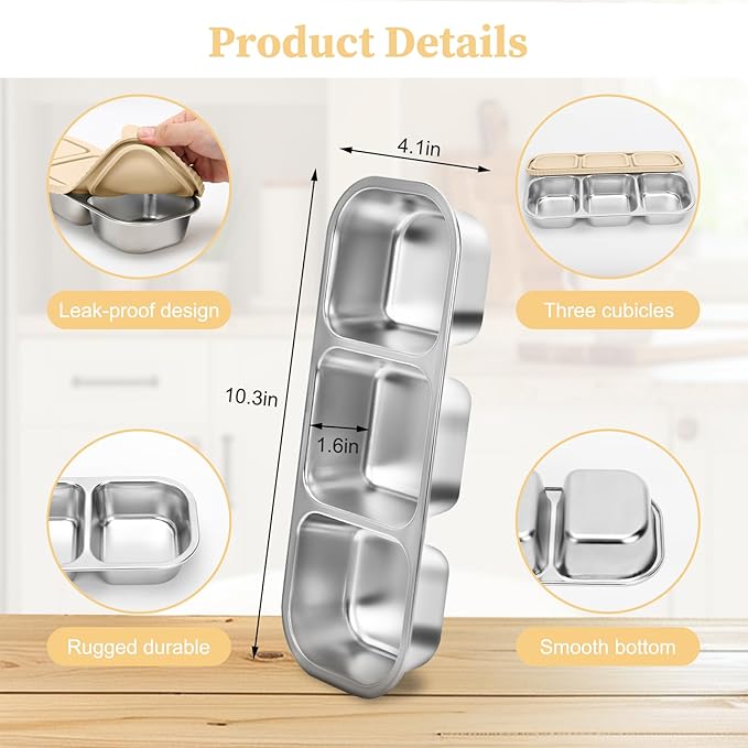 ﻿ 3 Compartment Stainless Steel Snack Containers with Silicone Lids, Reusable Food Storage Containers ，snackle box container for School ，Travel, Outdoor, Camping.