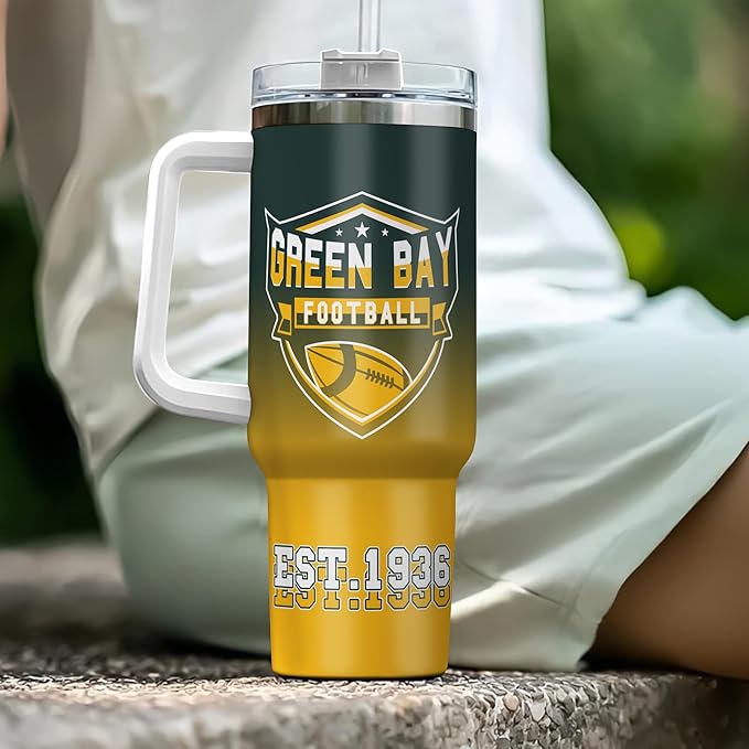 Custom 40oz Football Stainless Steel Tumbler with Handle & Straw, Personalized Insulated Travel Mug, Add Name & Number Cup, Sports Fan Game Day Gift (Green Bay-01)