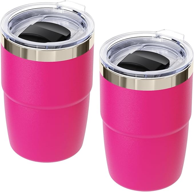 8 oz Espresso/Coffee Cup with Magnetic Lid, Ceramic-Lined 18/8 Stainless Steel, Double-Wall Vacuum Insulated, Stackable, Dishwasher Safe, Mini Tumbler for On-the-Go (Hot Pink, 2 Pack)