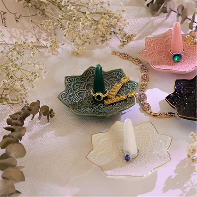 Ceramic Mandala Ring Holder, Decorative Jewelry Dish, Trinket Tray Room Decor, Engagement Wedding Birthday Gifts for Women (Green)