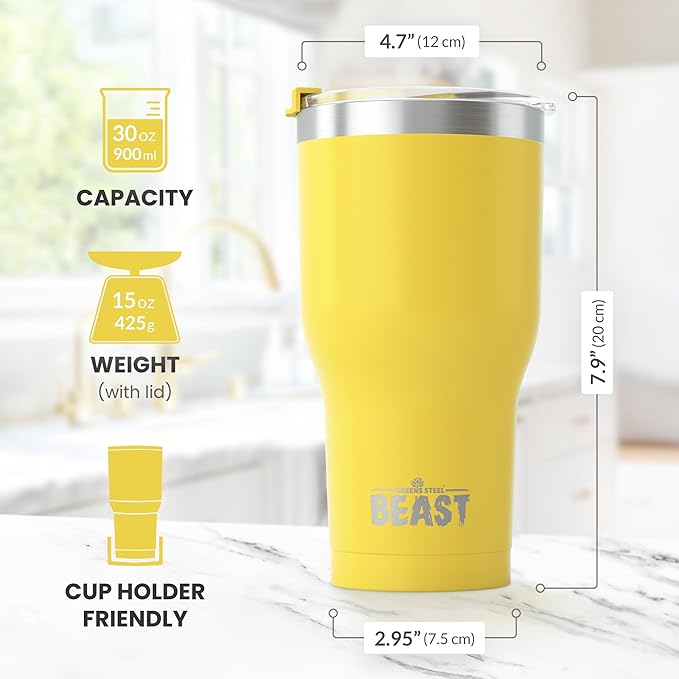 Beast 30 oz Tumbler Stainless Steel Vacuum Insulated Coffee Ice Cup Double Wall Travel Flask (Lemon)