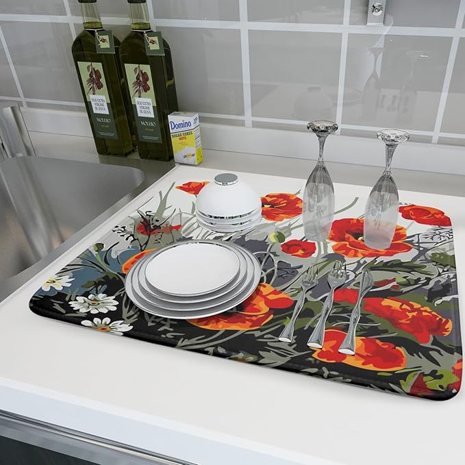 Poppy Dish Drying Mat 18x24 inch for Kitchen Vintage Red Orange Floral Dish Drying Pad Oil Painting Flower Dish Drainer Mats Absorbent Microfiber Protector for Countertop Coffee Bar