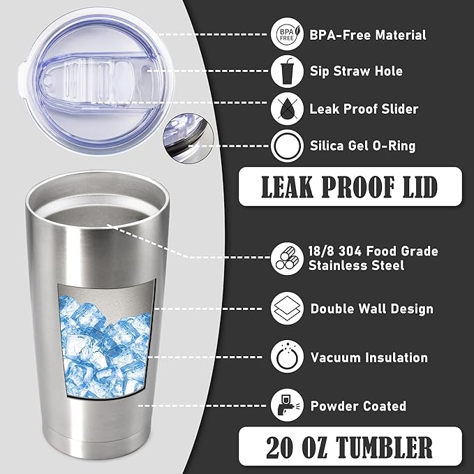 20 oz Tumbler Coffee Tavel Tumblers Bulk with Lid Stainless Steel Double Wall Vacuum Insulated Mug Powder Coated Cups fit Car Cupholder for Hot and Cold - Stainless Steel, 4Pack
