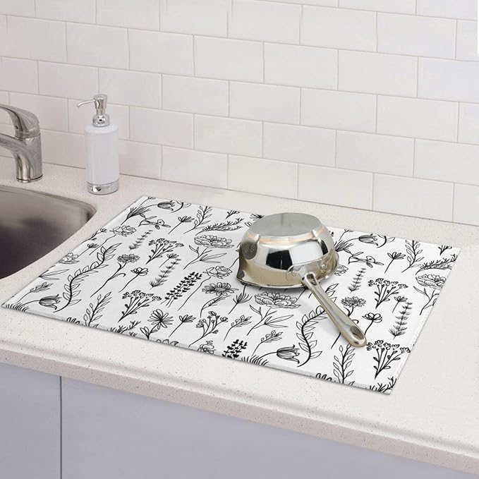 Black and White Floal Kitchen Dish Drying Mat for Counter, Aesthetics Dish Draining Mat Microfiber Absorbent Reusable Washable Extra Large 18"x24" (black and white floral, 18"x24")
