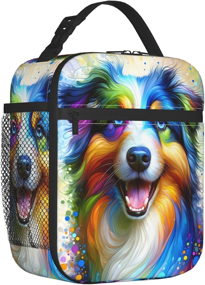 Reusable Dog Lunch Box for Kids Girls Boys Women Adult, Insulated Australian Shepherd Lunch Bag,Polyester Cooler Handbags Case for School Picnic Work Travel Beach or Hiking (Colorful)