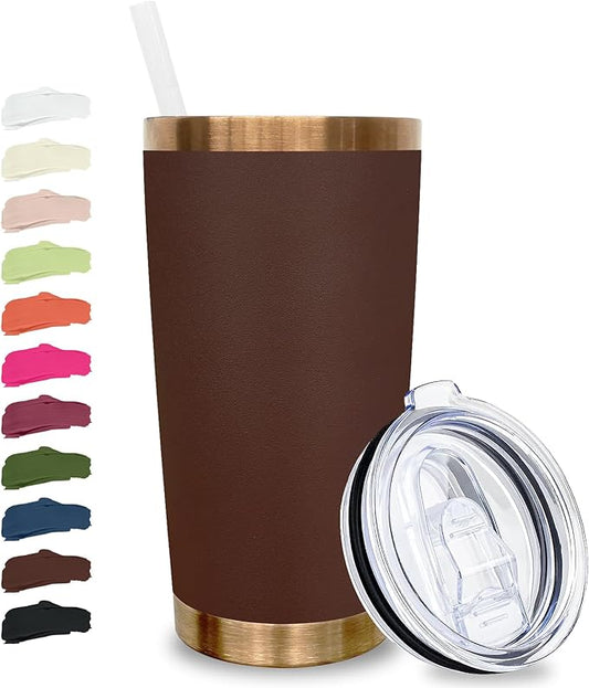 20 oz Tumbler Stainless Steel Tumbler with Lid and Straw, Double Wall Vacuum Insulated Travel Coffee Mug for Laser Engrave, Powder Coated Cup for Hot and Cold Drinks (Brown,1 pack)
