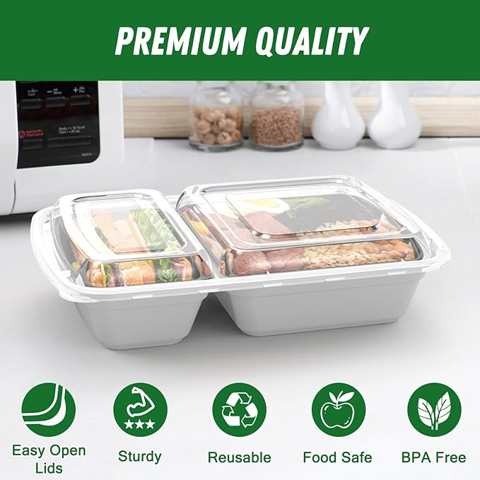 50 Pack (100-Piece) 28 oz Meal Prep Containers Reusable with Lids 2-Compartment, Sturdy Leakproof Food Safe, Microwave Freezer Dishwasher Safe, To Go Take Out Plastic Food Storage, Silver