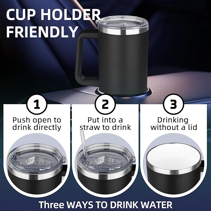 40 oz Insulated Coffee Mug with Ceramic Coating, Stainless Steel Travel Coffee Tumbler with Handle Lid and Straw, Double Wall Leak-Proof Coffee Travel Mug Keeps Drink Hot and Cold (Black)