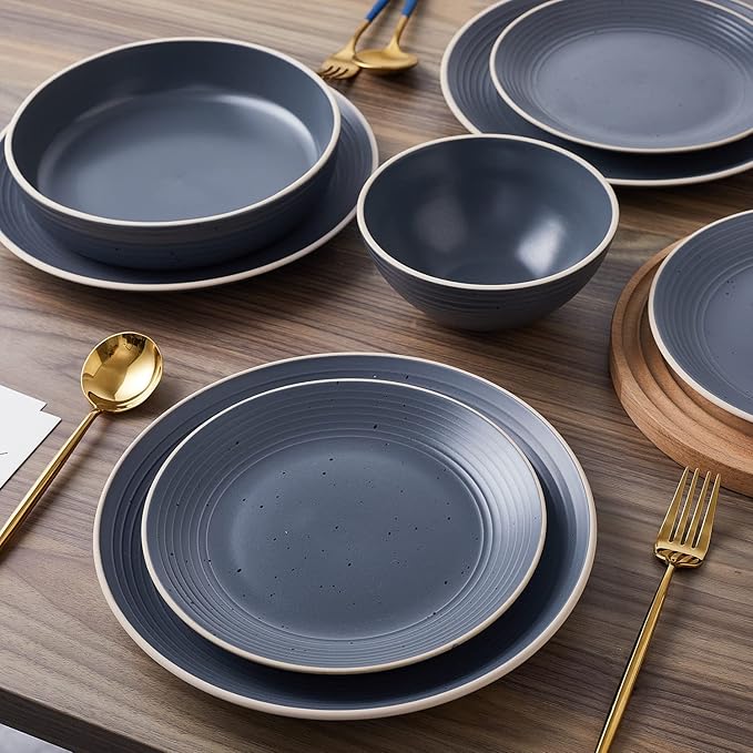 Stone Lain Lauren Stoneware, Rustic Plates and Bowls Set, Dinnerware, Service for 8, Speckled Charcoal, Dishwasher & Microwave Safe, 32-Piece