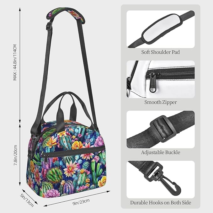 Cactus Reusable Insulated Lunch Box Waterproof Lunch Bag with Detachable and Adjustable Shoulder Strap for Office Picnic or Travel