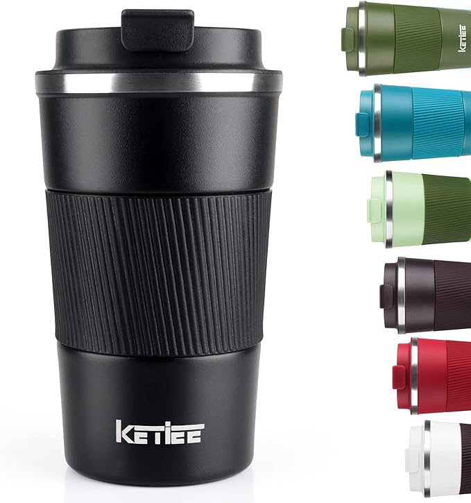 KETIEE Travel Mug 12oz, Vacuum Insulated Coffee Mug with Leakproof Lid, Travel Coffee Tumbler Stainless Steel Double Walled Reusable Coffee Cup for Hot and Iced Coffee Tea Water (Black)
