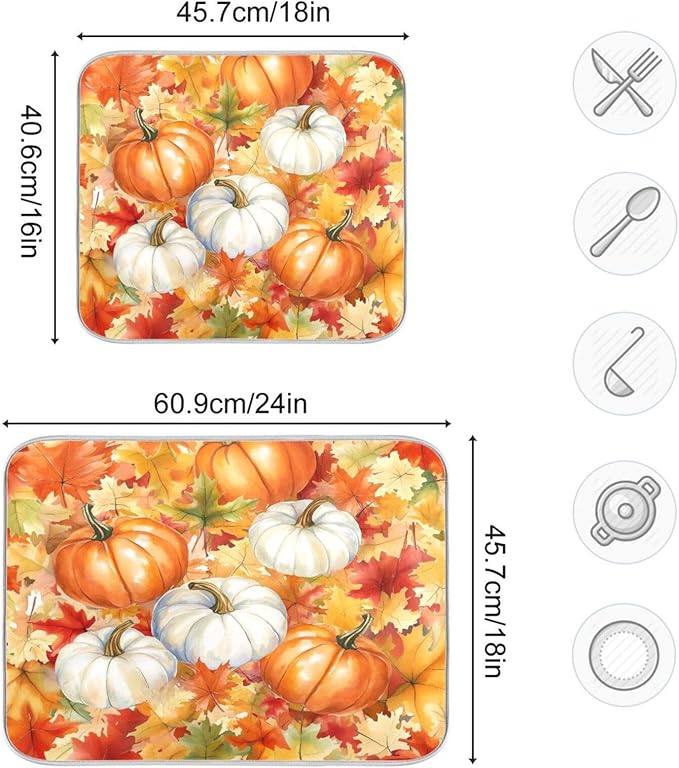 Watercolor Pumpkins Autumn Leaves Dish Drying Mat for Kitchen Counter Super Absorbent Dishes Pad Reversible Microfiber Protector Dish Draining Mats 18x24 inch