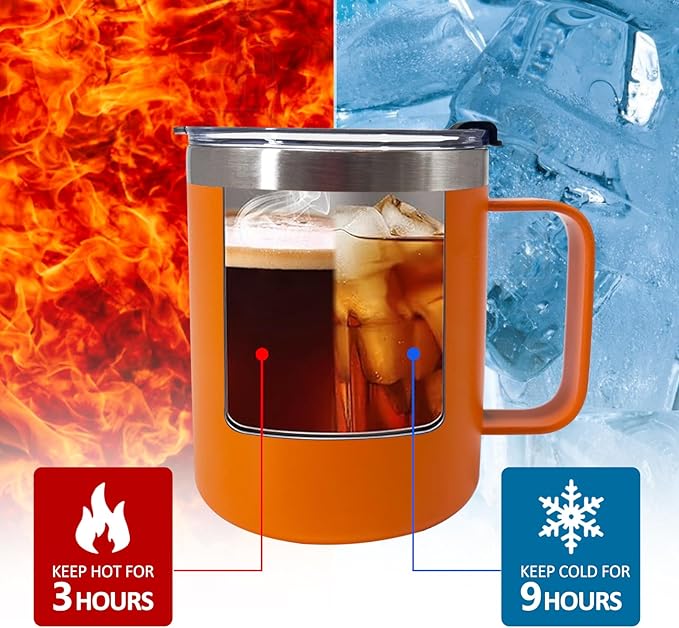 4pack 12oz Coffee Mug With Handle Bulk, Stainless Steel Insulated Travel Tumblers With,Double Wall Vacuum Camping Cup for Hot & Cold Drinks Tea (orange)