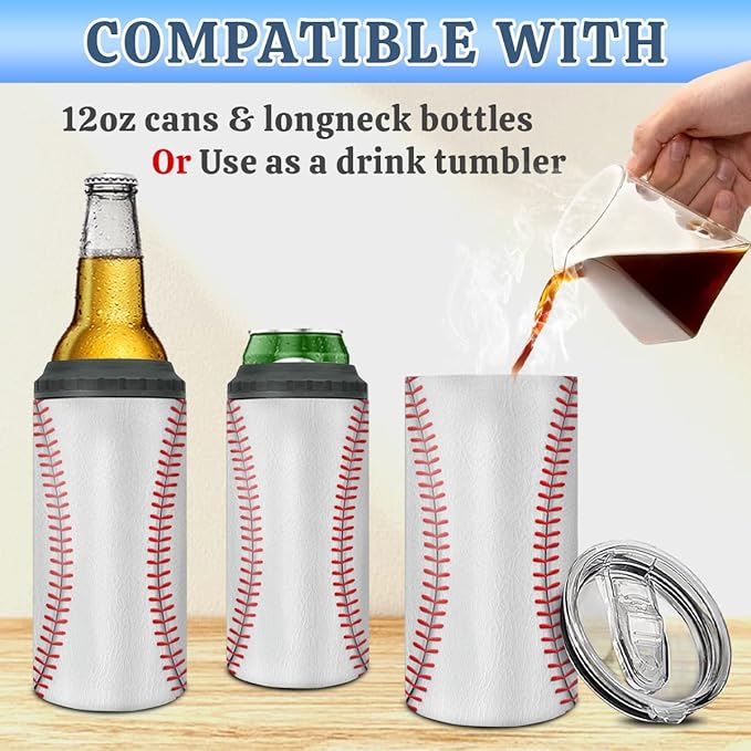winorax Baseball Tumbler 4-in-1 Can Cooler Baseball Stainless Steel Insulated Tumblers Coffee Travel Mug Cup With Lid Gift Tumblers For Men Women Sports Gifts For Players Fan Coach Lovers
