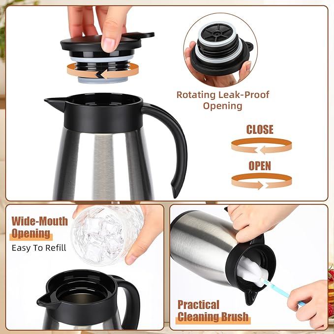 Uiifan 2 Pcs Thermal Coffee Carafe Insulated Stainless Steel Coffee Carafes for Keeping Hot and Cold Double Walled Vacuum Thermal Pot Flask with Brush for Water Milk Tea Home and Office(Silver,34oz)