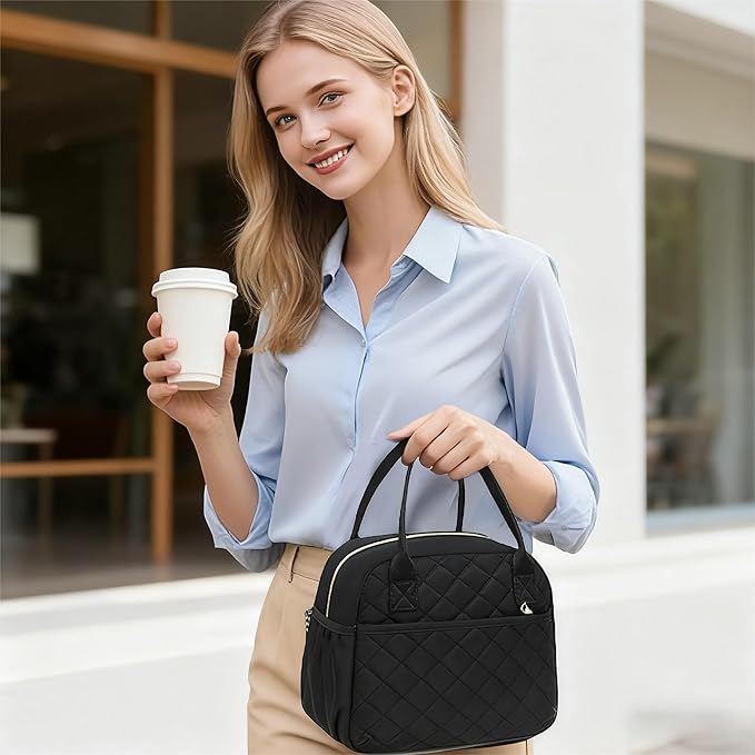CAMTOP Lunch Box for Women Insulated Lunch Bag Lunchbox Cooler Thermal Leakproof Quilted Reusable Lunch Tote Bag for Work School Travel Picnic (Black)