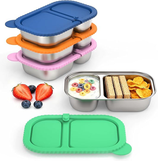 4 Pack Stainless Reusable Steel Snack Containers, Capacity Upgrade 2 Compartment Snack Containers with Lids, Reusable Food Storage Containers with Lids for Travel, Outdoor, Camping
