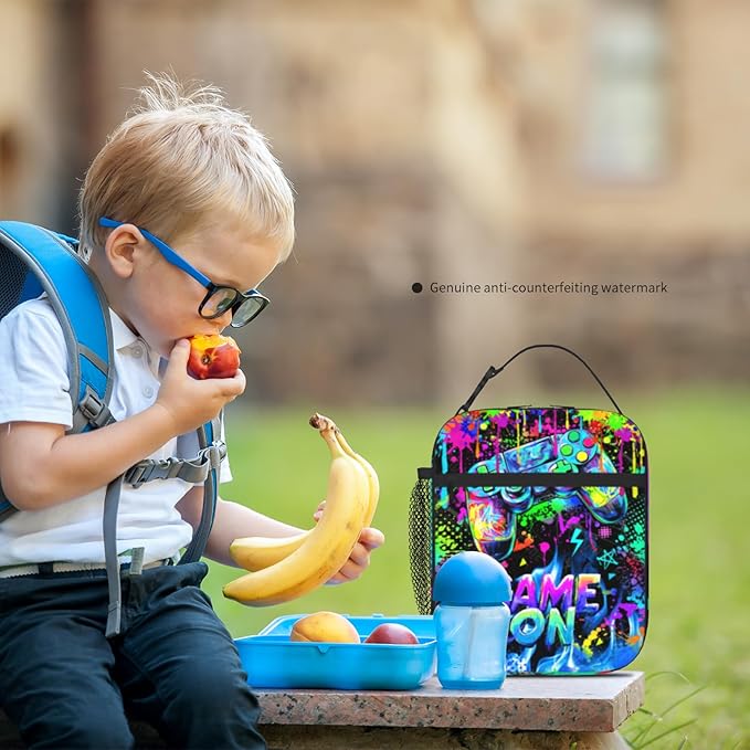 Video Game Lunch Box for Boys, Insulated Reusable Game Lunch Bag for Kids Teens Portable Waterproof Leakproof Gaming Lunch Tote Bag Boys Lunchbox for School Picnic Travel Beach Back to School Gifts