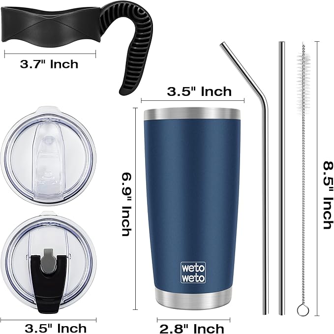 WETOWETO 20oz Tumbler with 2 lids and 2 straws, Stainless Steel Vacuum Insulated Water Coffee Tumbler Cup with Handle, Double Wall Powder Coated Spill-Proof Travel Mug Thermal Cup (Navy Blue, 1 Pack)