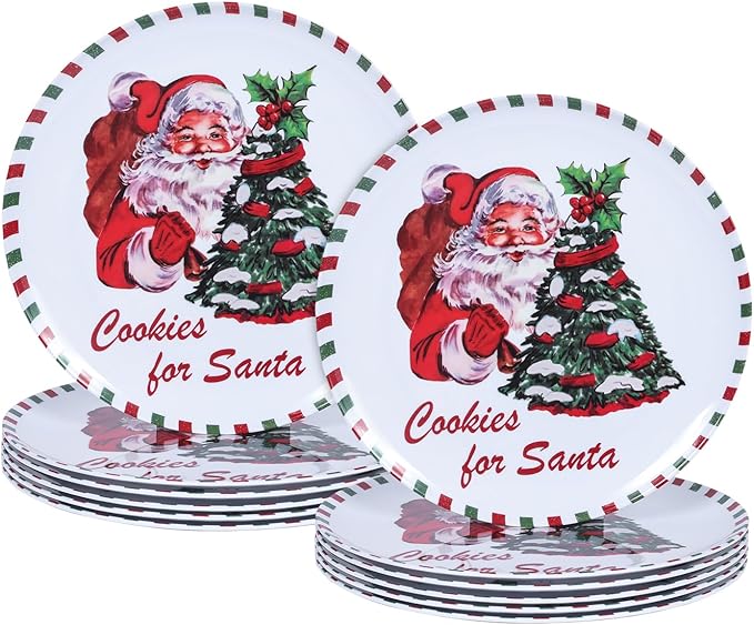 10-Inch Christmas Melamine Dinner Plates, 12-Piece Dishes Set, Lightweight & Stackable for Holidays& Decor‌ Party plates, Ideal for Salad,Dessert,Fruit and Cakes