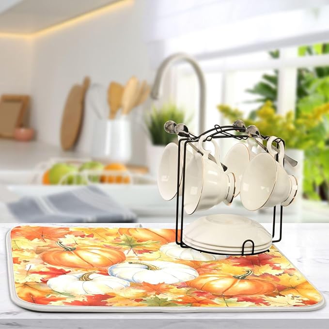 Watercolor Pumpkins Autumn Leaves Dish Drying Mat for Kitchen Counter Super Absorbent Dishes Pad Reversible Microfiber Protector Dish Draining Mats 18x24 inch