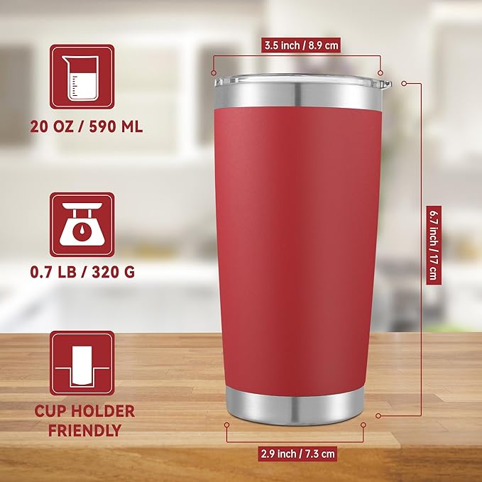 20 oz Tumblers Bulk Stainless Steel Tumbler with Lid Double Wall Vacuum Insulated Coffee Mug 20oz Powder Coated Cup for Hot and Cold Drinks, Red, 6 pack