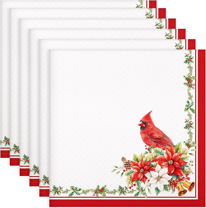 Christmas Cardinal Napkins, 18×18 Inch Floral Dinner Cloth Napkins Set of 4, Washable Cotton Soft Absorbent Square Napkins for Dining Kitchen Party Wedding Decoration