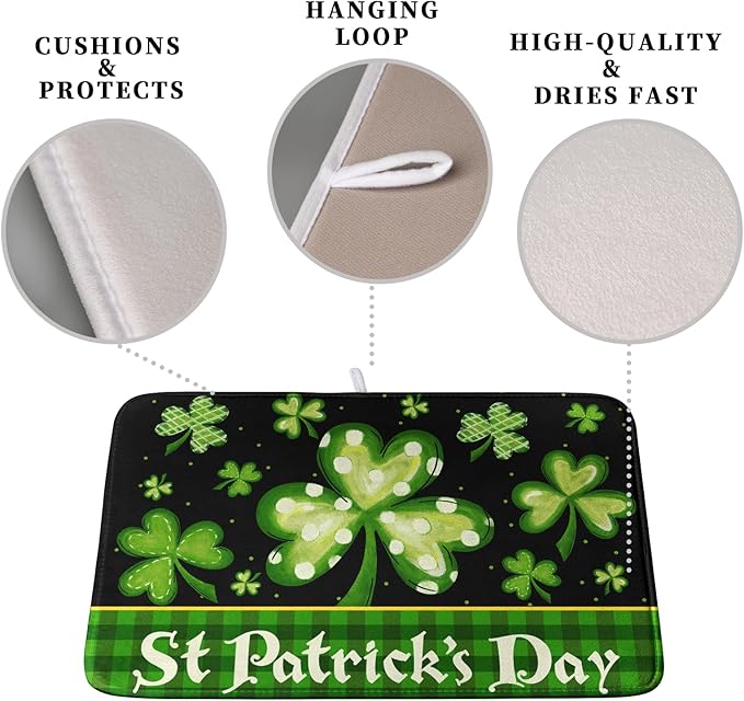 St Patrick's Day Dish Drying Mats for Kitchen Counter 16x18 Inch Lucky Clovers Shamrock Green Buffalo Plaid Drying Mat Microfiber Absorbent Dish Drying Pad Dish Drainer Rack Mats for Kitchen Sink