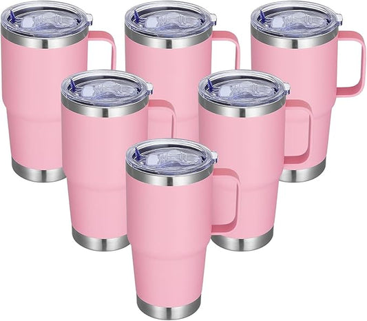 20 oz Stainless Steel Tumbler with Handle Bulk Metal Insulated Tumblers Travel Coffee Mug with Handle Double Wall Tumbler Cup with Lid and Straw, Pink 6 Pack