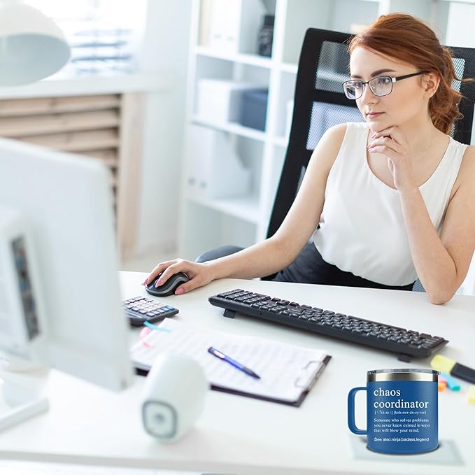 Chaos Coordinator Tumbler Cup, Christmas Gifts for Women,Unique Gift Idea for Employee,Boss Lady,Teacher,Office,Gifts for Mom,Coworker,Birthday,Thank You Gift for Women,14 oz Blue Mug