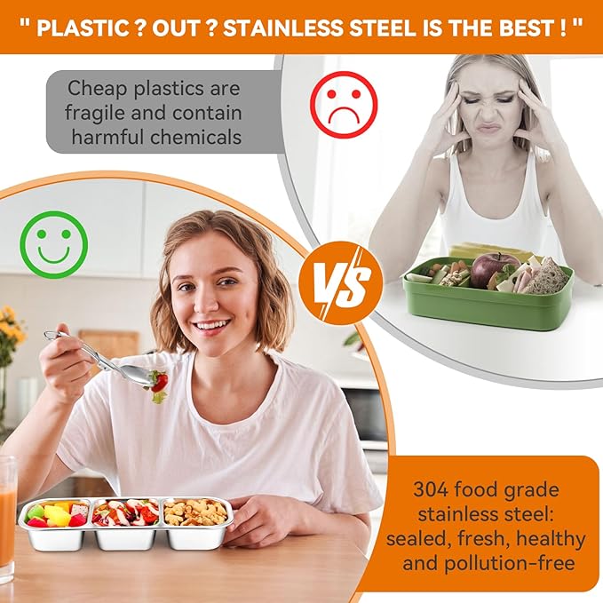 Stainless Steel Snack Containers with Lids & Spork, Reusable 3 Compartment Condiment Boxes, Divided Grab Food Storage Containers, Sauce Cups for Home, Travel (3 Compartment)