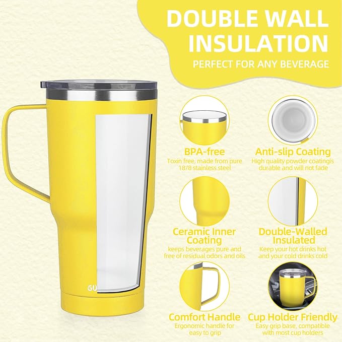 20 oz Insulated Coffee Mug with Ceramic Coating, Stainless Steel Travel Mug Tumbler with Handle Lid and Straw, Double Wall Leak-Proof Coffee Travel Mug Keeps Drink Hot and Cold (Orange)