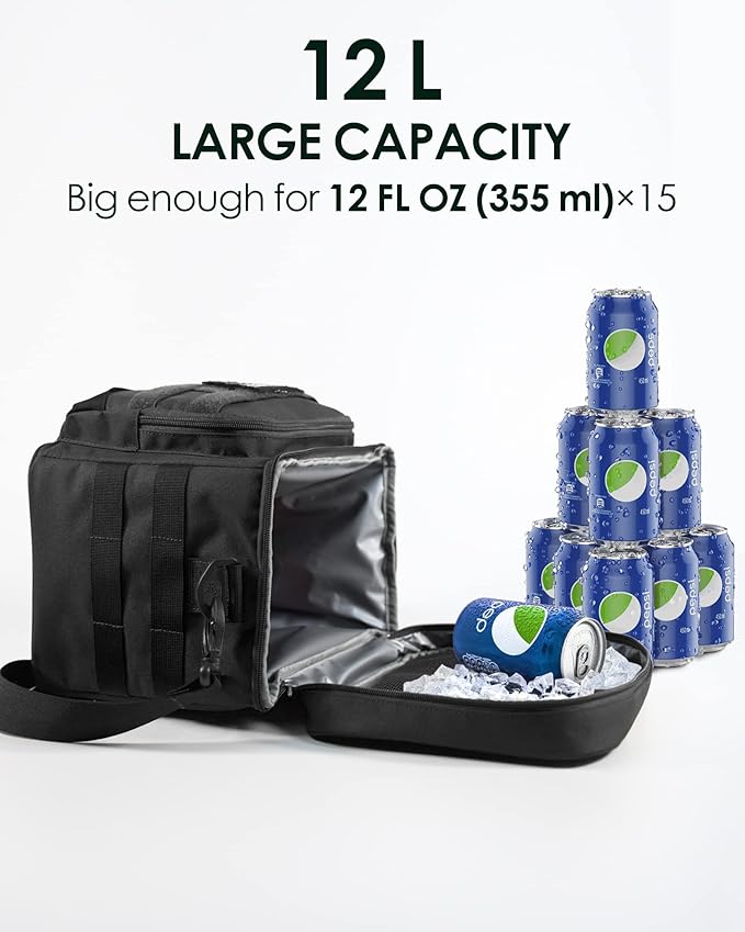 TACTICISM Tactical Lunch Box for Men, 12L Molle Lunch Bag with Detachable Water Bottle Pouch and Molle Pouch, Black