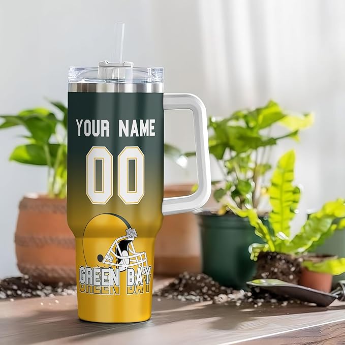 Custom 40oz Football Stainless Steel Tumbler with Handle & Straw, Personalized Insulated Travel Mug, Add Name & Number Cup, Sports Fan Game Day Gift (Green Bay-01)