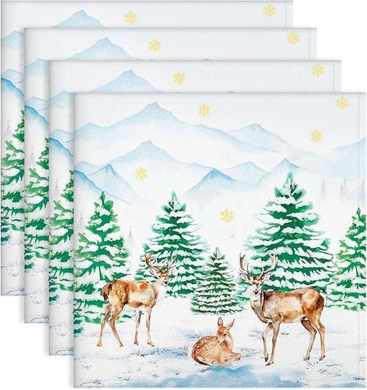 Winter Pine Tree Napkins, 18×18 Inch Woodland Deer Dinner Cloth Napkins Set of 4, Washable Cotton Soft Absorbent Square Napkins for Dining Kitchen Party Wedding Decoration