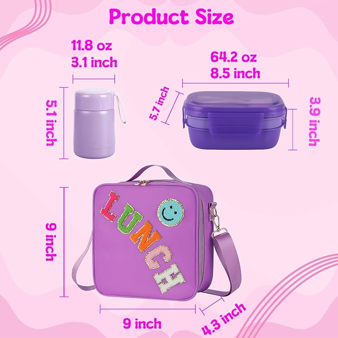 Bento Lunch Box Set for Girl Kids, with 10oz Soup Thermo, Leak-Proof Food Containers, Insulated Nylon Preppy Lunch Bag with Adjustable Strap for Girls School Travel Picnic