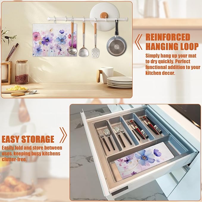 Watercolor Flowers Dish Drying Mat for Kitchen Counter Microfiber Absorbent Dish Kitchen Drying Mat Draining Reusable Washable for Dishes/Utensils/Counterto