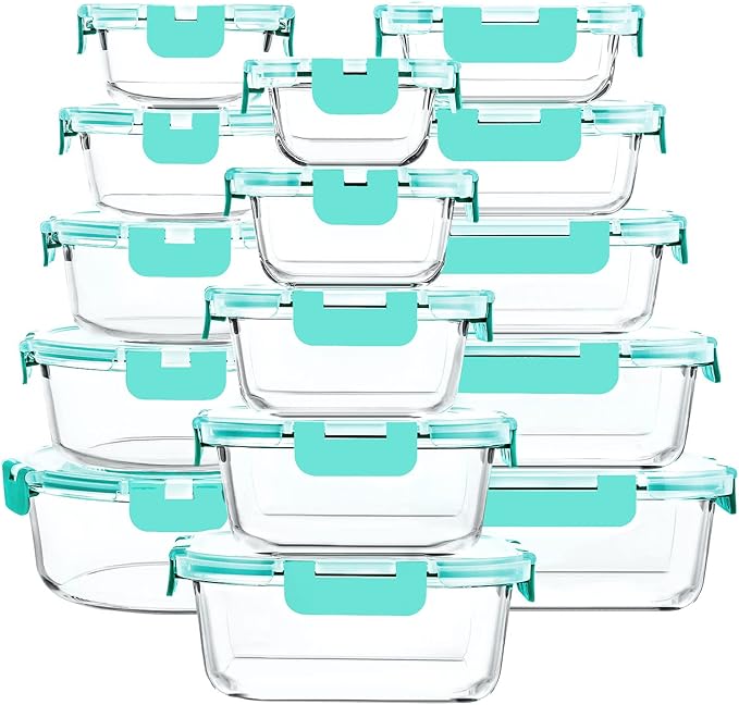 30 Pieces Glass Food Storage Containers with Upgraded Snap Locking Lids,Glass Meal Prep Containers Set - Airtight Lunch Containers, Microwave, Oven, Freezer and Dishwasher Friendly (Green)