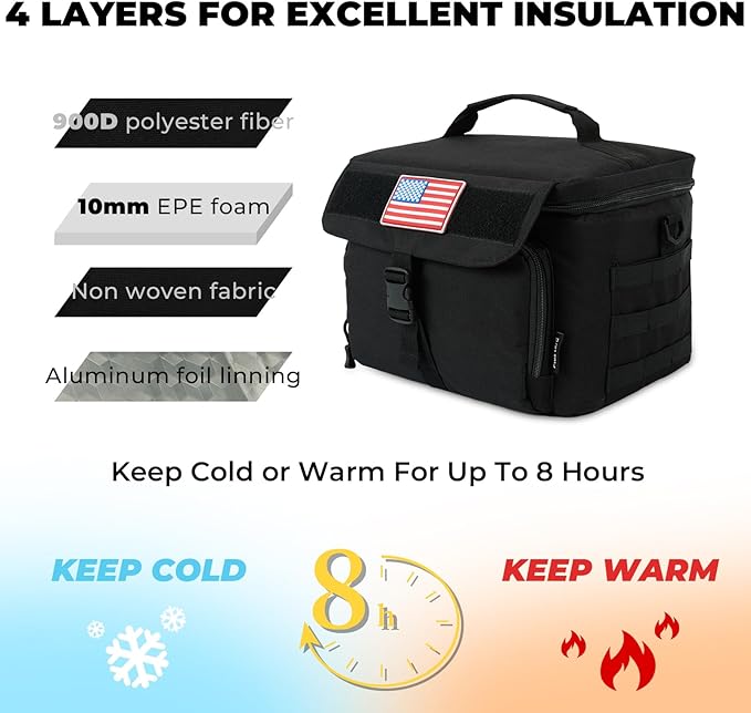 Ronyes Tactical Lunch Box for Men,Large Insulated Lunch Bag with Shoulder Strap,Heavy Duty lunchbox Cooler MOLLE Webbing, Leakproof Pail for Work Camping Fishing-Black